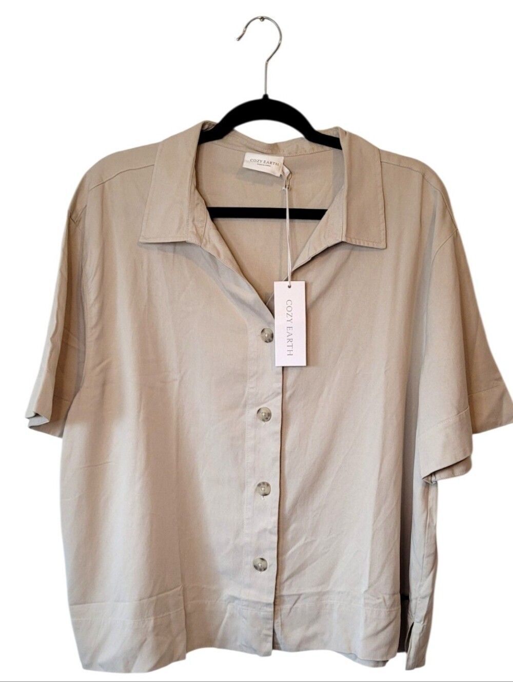 Cozy Earth Lived-In Linen Short Sleeve Button Front Shirt - Sand Size XXL NWT